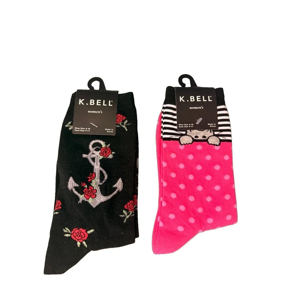K .Bell Womens Crew Socks 2 Pair Lot Cat Anchor Roses Pink Black Size 4-10 New